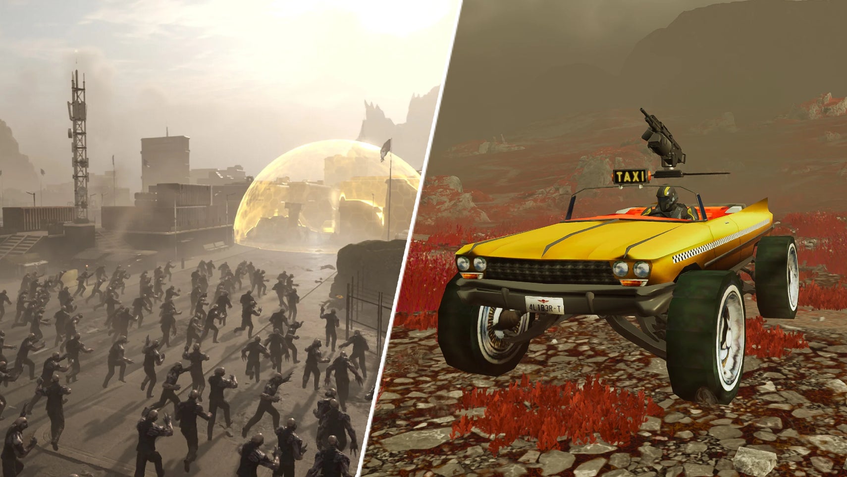 The Crazy Taxi FRV in Helldivers 2 opposite a horde of Voteless. - 1