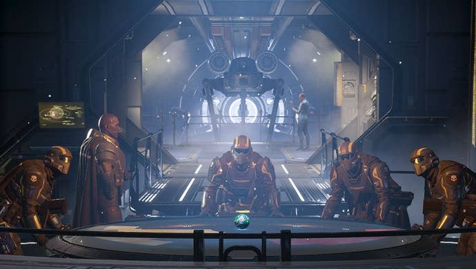 A squad of armoured Helldivers gather around a table on a spaceship to plan their next move.