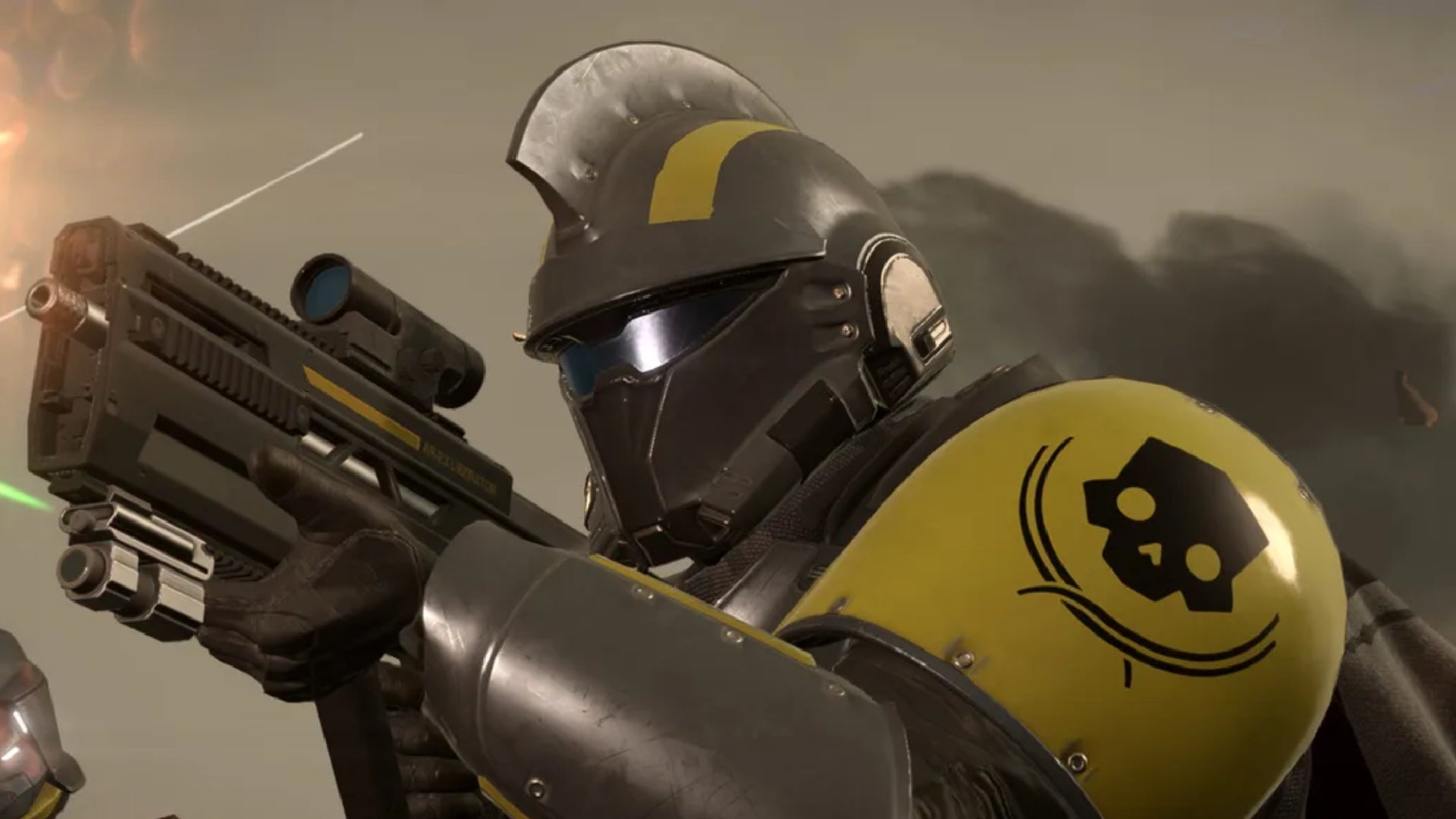 A Helldiver wearing Urban Legends Warbond armour in Helldivers 2.