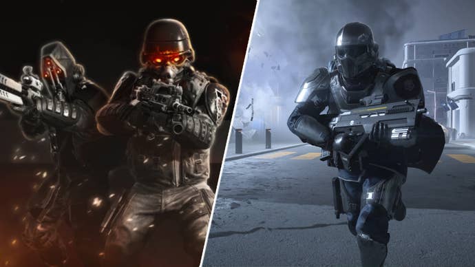 The gear from Helldivers 2’s Killzone crossover opposite a regular Helldivers running in Helldivers 2.