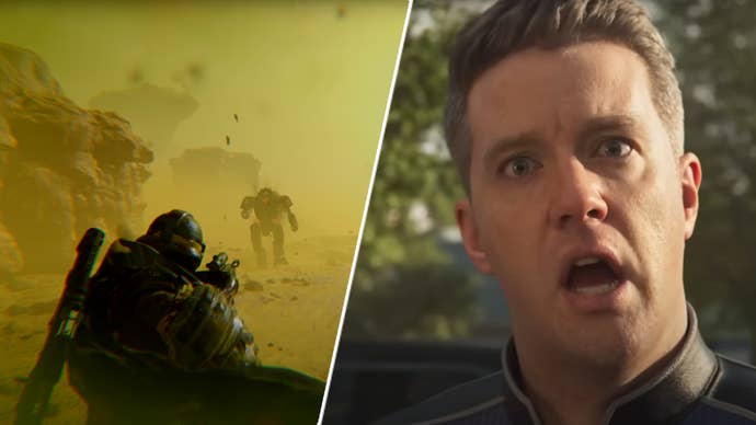 The guy screaming in Helldivers 2 next to a player fighting an automaton.