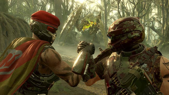 Some players shaking hands in Helldivers 2.