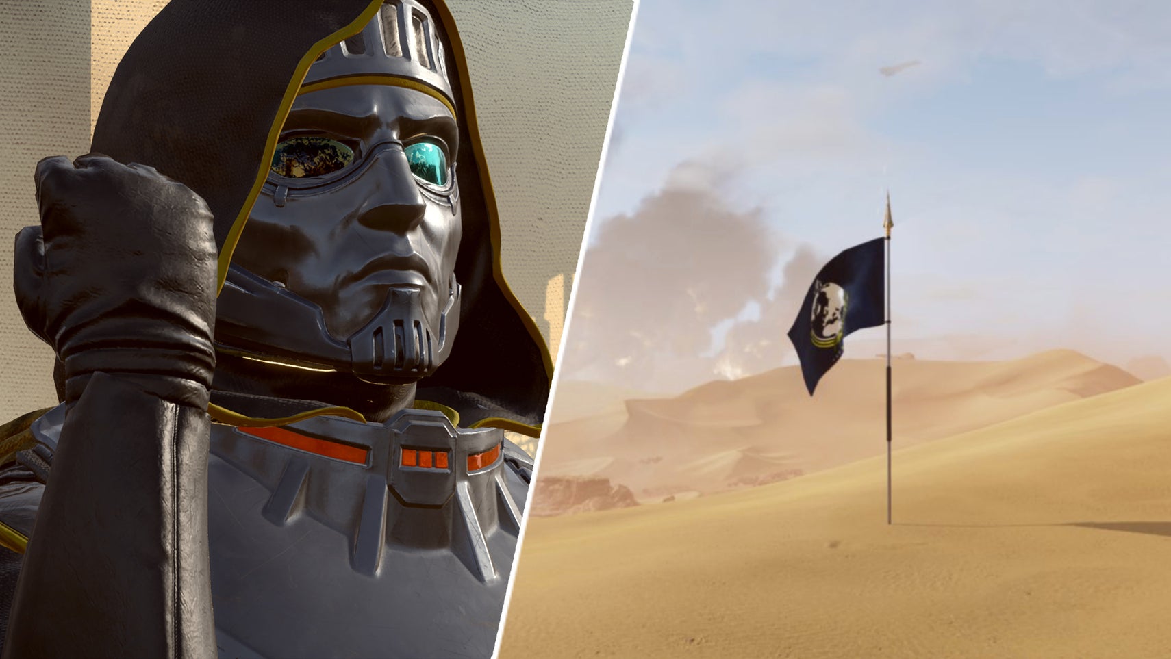 A Helldiver in Helldivers 2 opposite the Super Earth flag on a desert planet. - 1