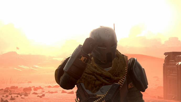 A Helldivers 2 player wearing some Borderline Justice Warbond gear.