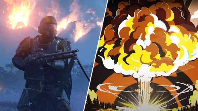 An explosion happening next to a Helldiver in Helldivers 2.