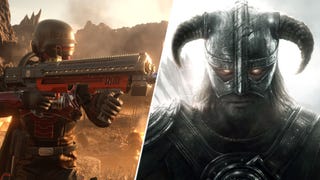 Skyrim's Dragonborn opposite a helldiver in Helldivers 2 wielding a rifle.