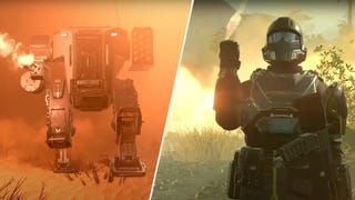 An exosuit and soldier flanked by an explosion in Helldivers 2.
