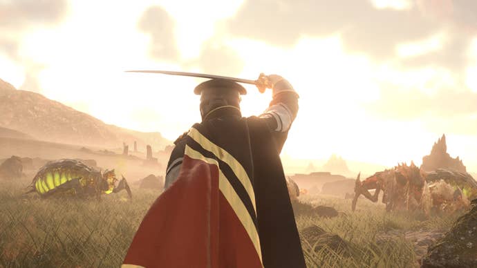 A Helldivers 2 subordinate wearing a cape and charging astatine immoderate bugs.