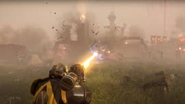 A soldier firin a arc weapon up in Helldivers 2.