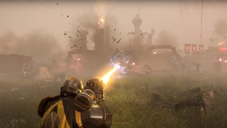 A soldier firing an arc weapon in Helldivers 2.