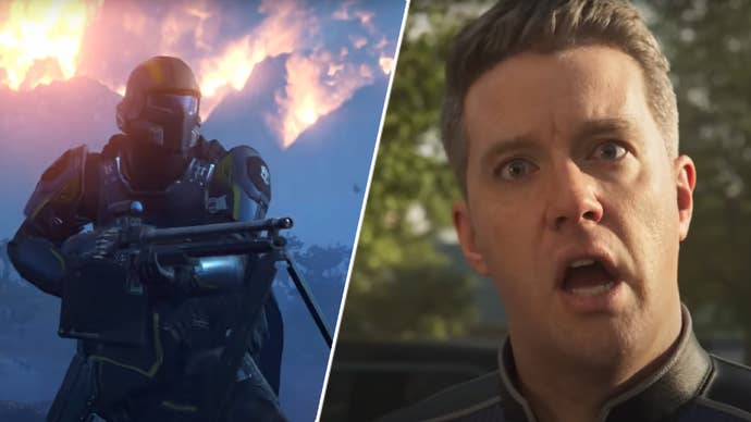 A soldier in Helldivers 2 alongside the guy screaming from the game’s intro.