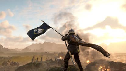 A Helldivers 2 subordinate wielding the Super Earth flag.