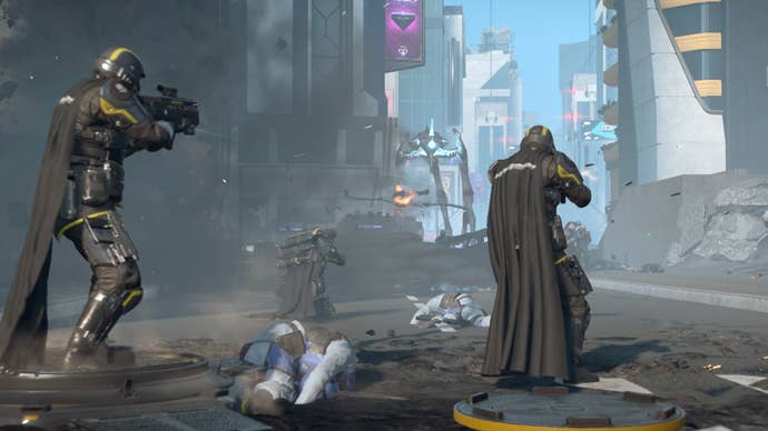 Some Helldivers 2 players battling the Illuminate connected Super Earth.