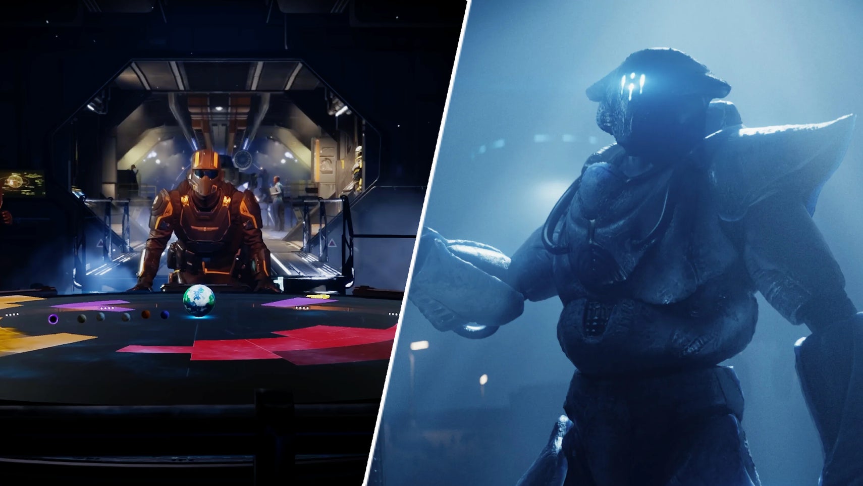 An Illuminate in Helldivers 2 opposite a helldiver at the Galactic War table. - 1