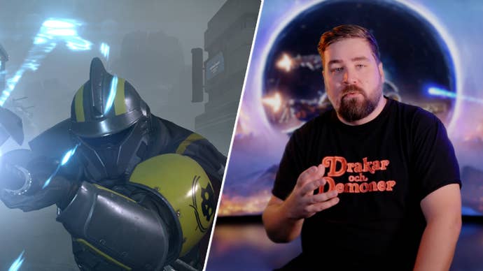 Helldivers 2 director Johan Pilestedt next to a Helldiver in Urban Legends Warbond armour.