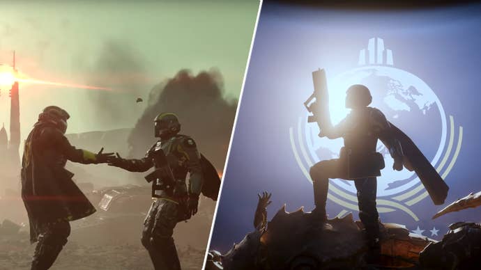 Some soldiers definitely not playing rock, paper, scissors in Helldivers 2.