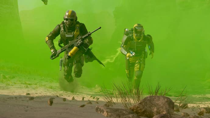 Players wearing gear from Helldivers 2’s Chemical Agents Warbond sprinting through a cloud of gas.