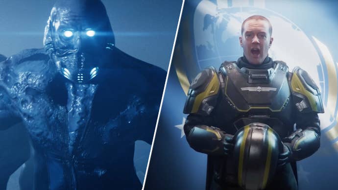 John Helldiver getting ready for battle in Helldivers 2 opposite a Voteless enemy.