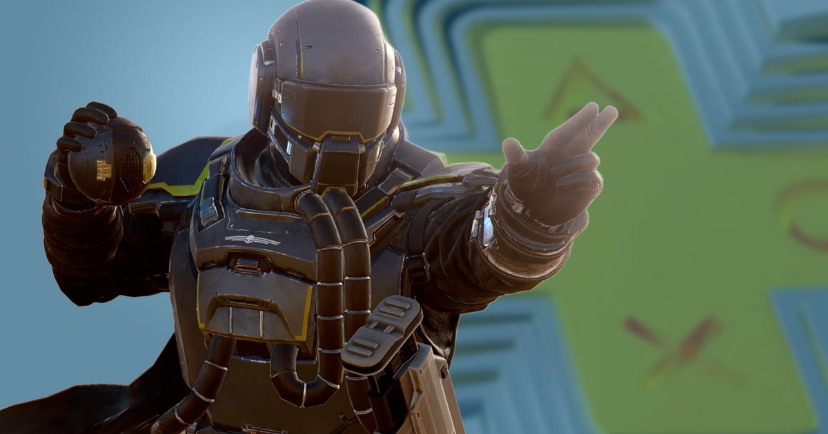 Helldivers soldier over PS Plus sign