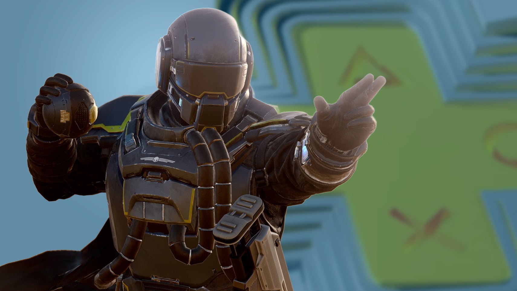 Helldivers soldier over PS Plus sign