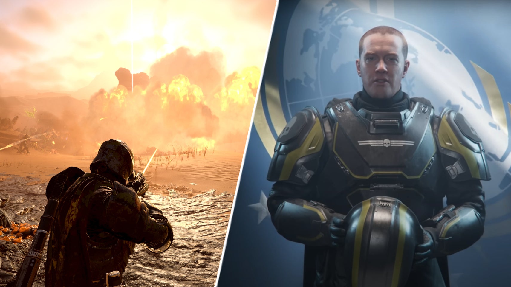 A helldiver shooting in Helldivers 2 alongside the character from the game's intro. - 1