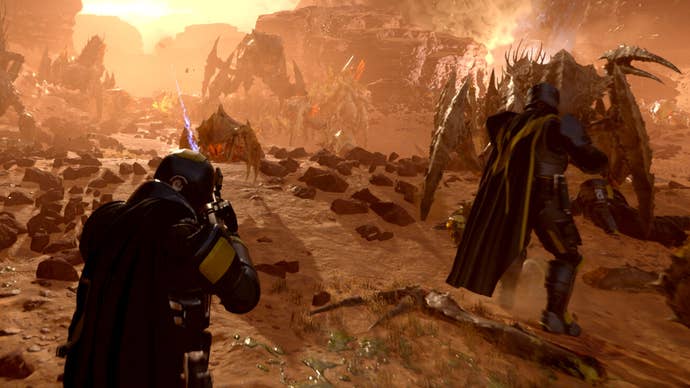 Two Helldivers blast distant astatine approaching alien bugs successful Helldivers 2