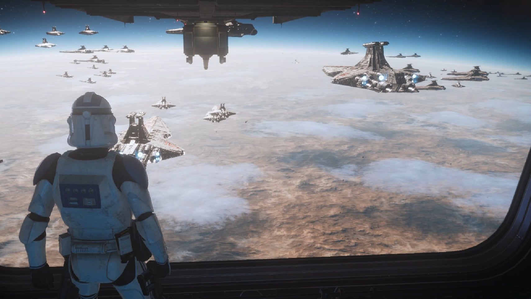 A clone trooper and some ships from Star Wars in Helldivers 2. - 1