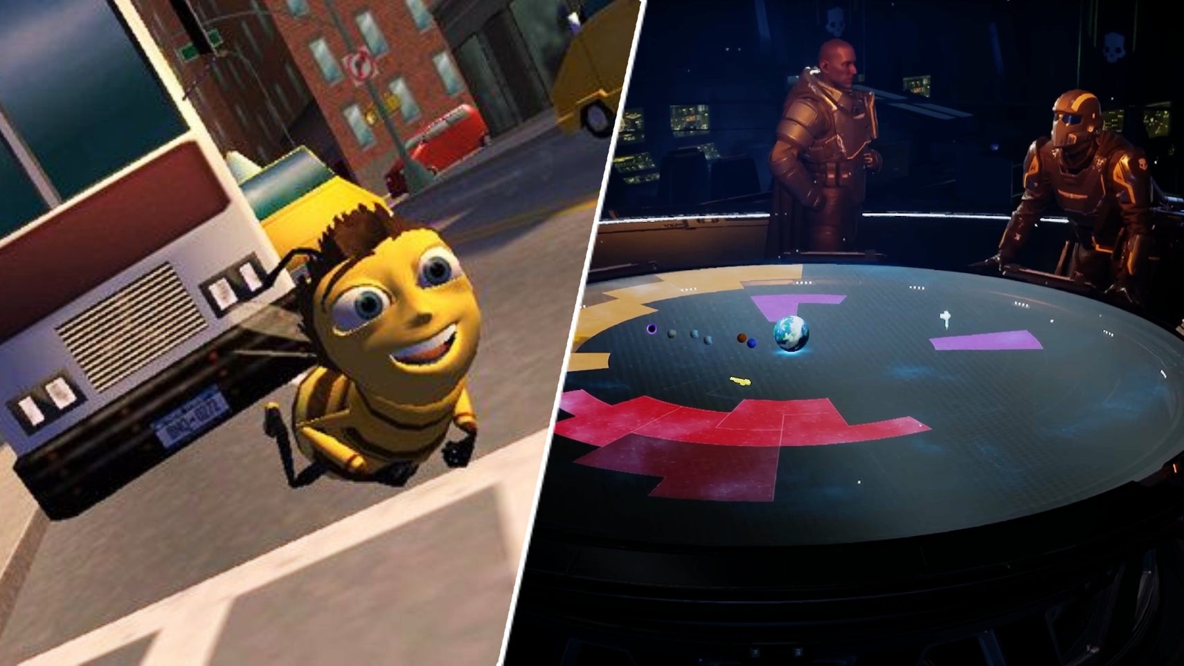 A helldiver overlooking the Galactic War tavble in Helldivers 2 opoosite Barry B Benson in the Bee Movie Game. - 1