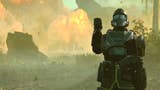 Helldivers 2 player with a clenched fist in front of explosions and fire in the vein of "this is fine"