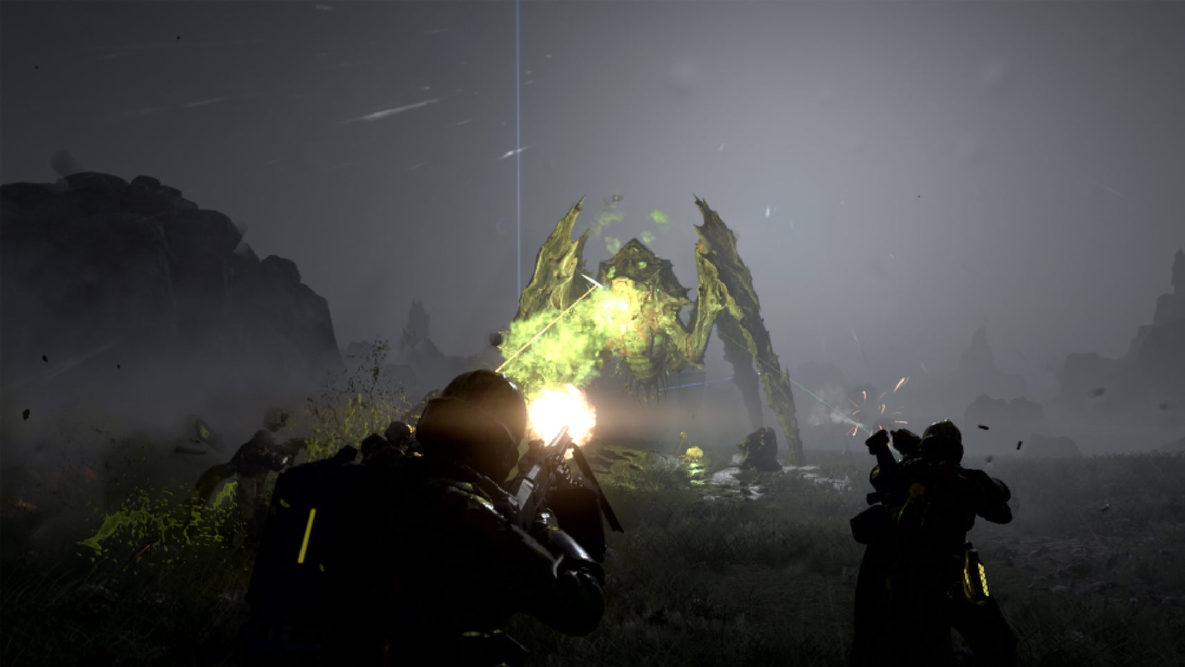 Some soldiers firing on a bug in Helldivers 2. - 1