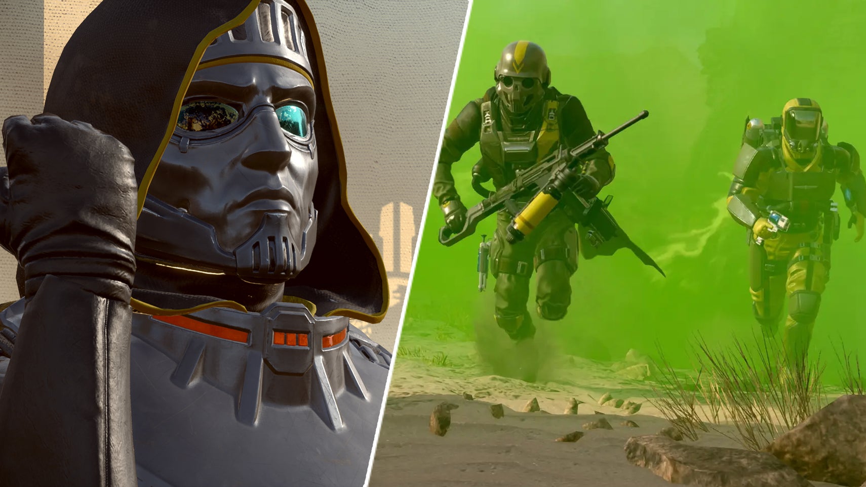 A helldiver in Helldivers 2 wearing Servants of Freedom warbond armour opposite two helldivers running through a cloud of gas. - 1