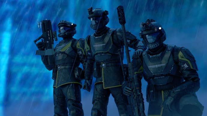 Some Helldivers 2 players wearing gear from the Dogmatic Reach Warbond mod.