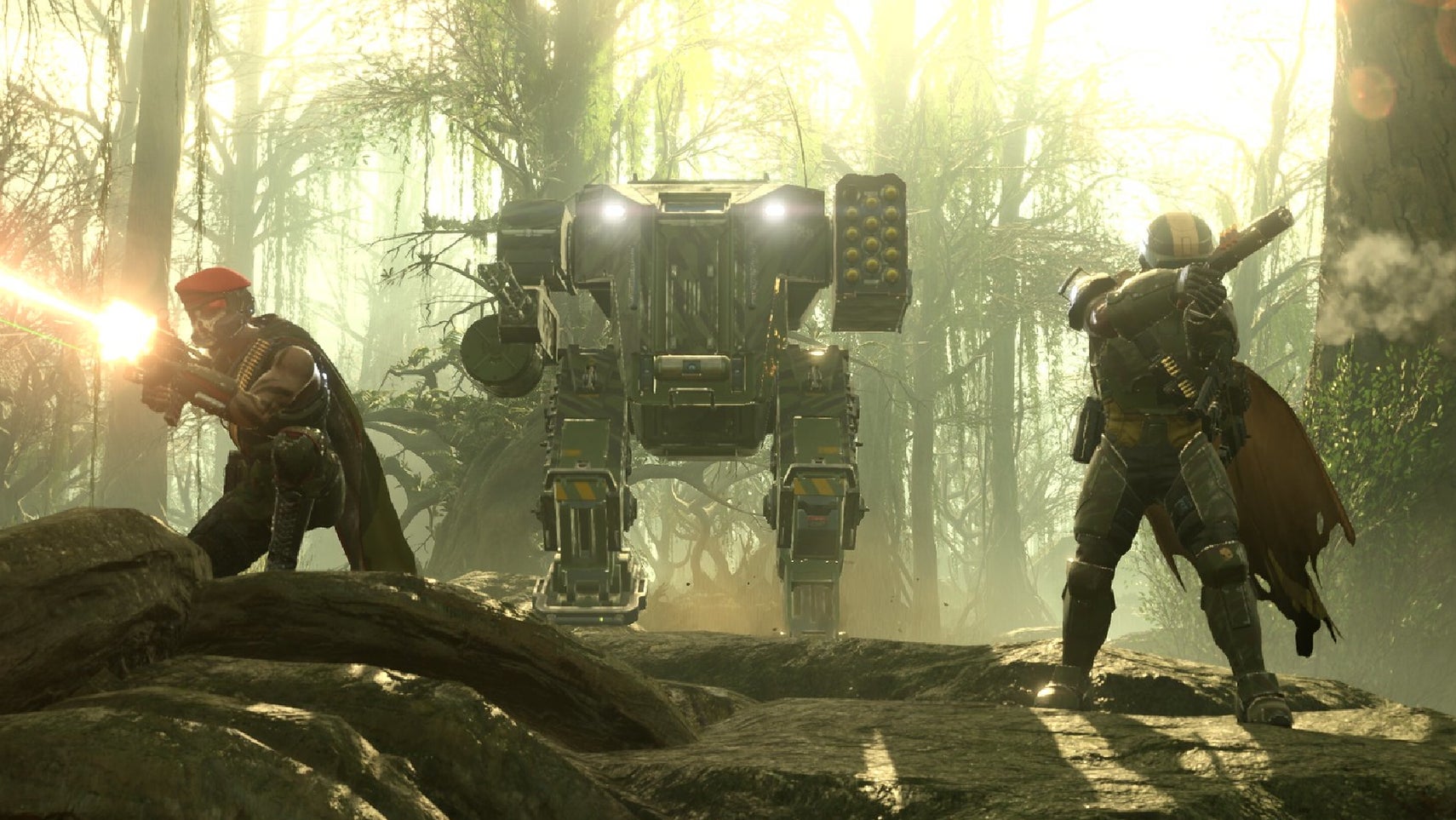 Some Helldivers 2 players and an exosuit decorated in Viper Commanders warbond garb. - 1