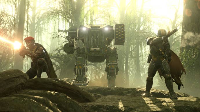 Some Helldivers 2 players and an exosuit decorated in Viper Commanders warbond garb.