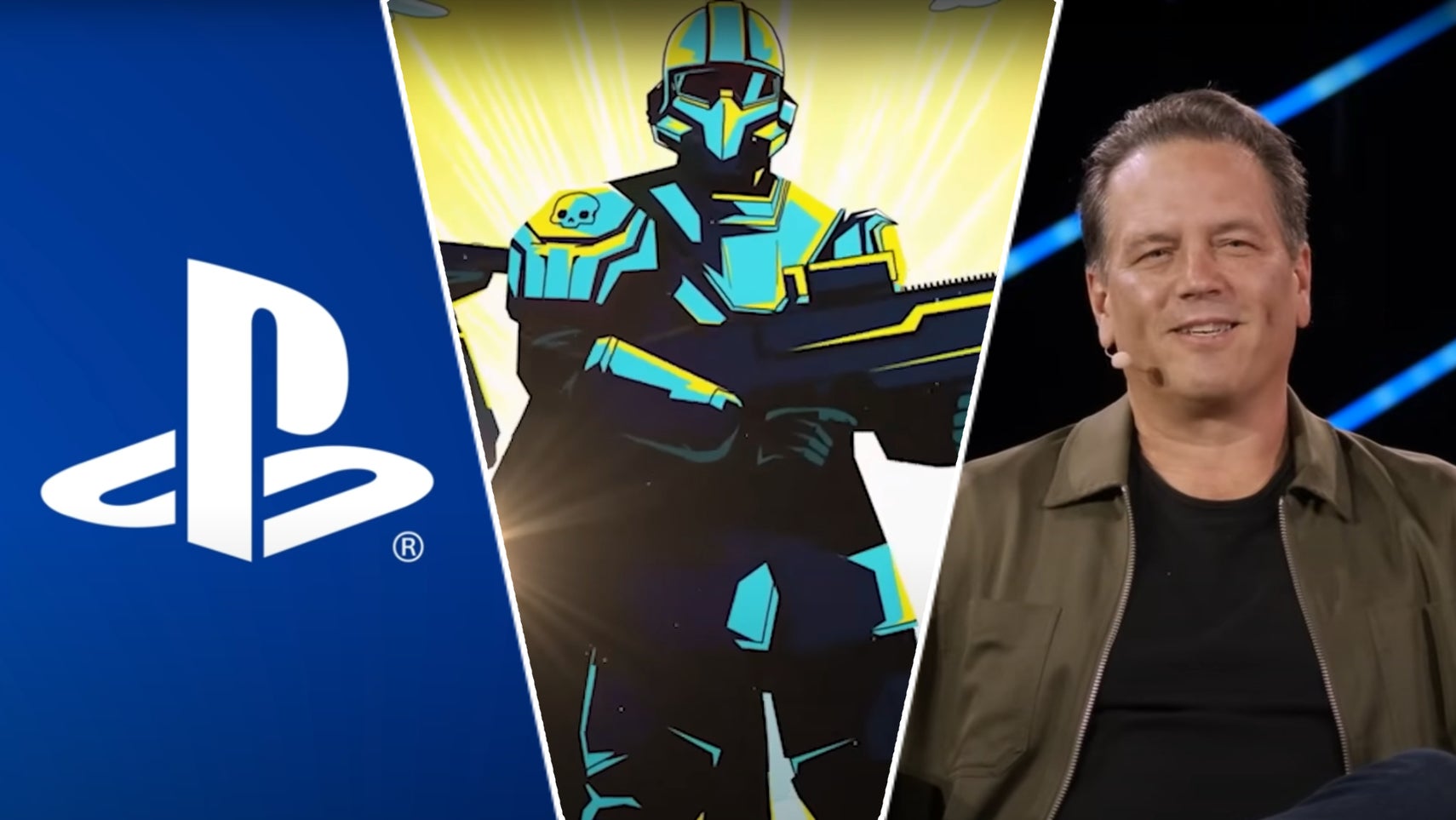 A helldiver in Helldivers 2 between Xbox's Phil Spencer and the PlayStation logo. - 1