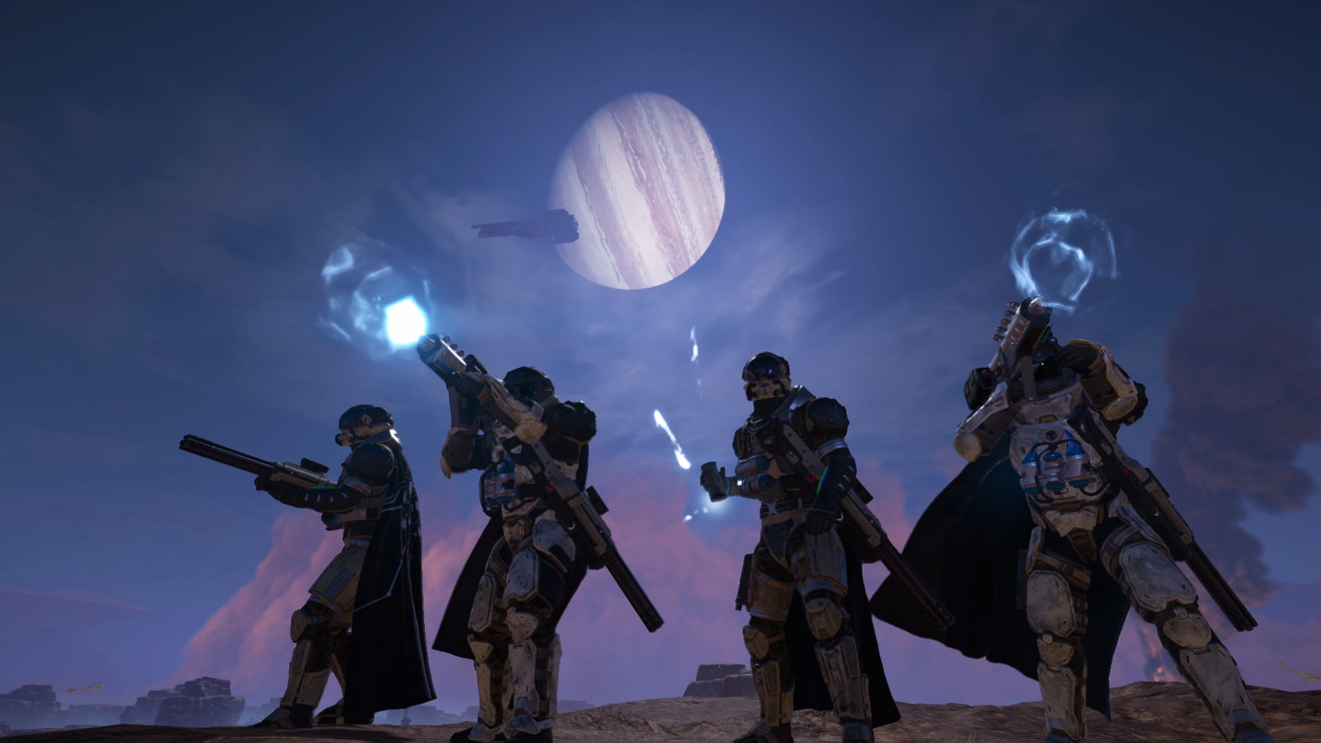 A line of players wearing Control Group warbond gear in Helldivers 2. - 1