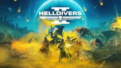 Helldivers 2 key art showing a handful of soldiers on an alien planet in a cloud of yellow smoke, shooting at hordes of incoming alien bugs