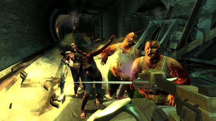 In Hellgate: London zielt ein Spieler mit einer Armbrust auf einige Zombies.
