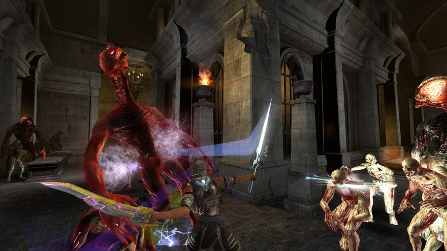 A soldier cleaves a red demon in Hellgate: London.