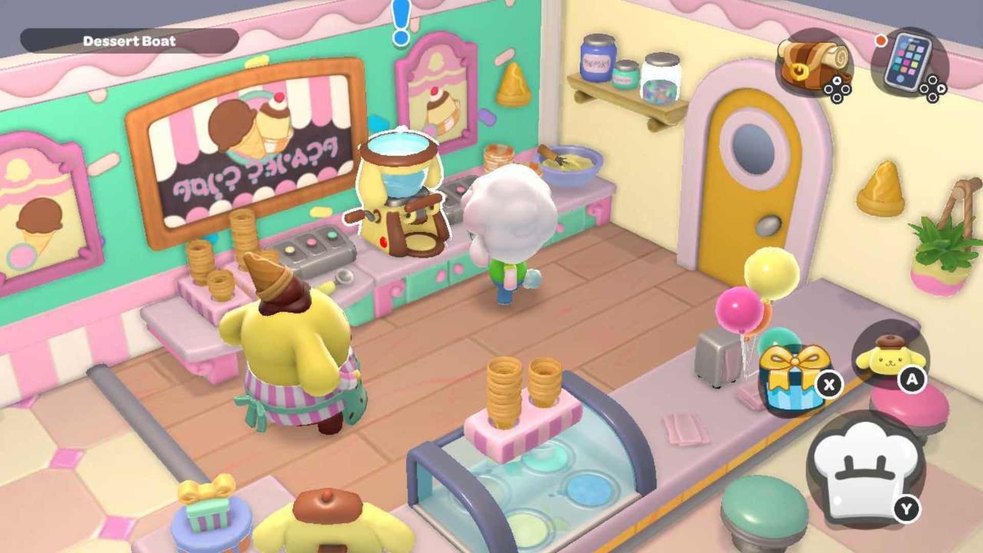 hello kitty island adventure character and pompompurin in repaired dessert boat