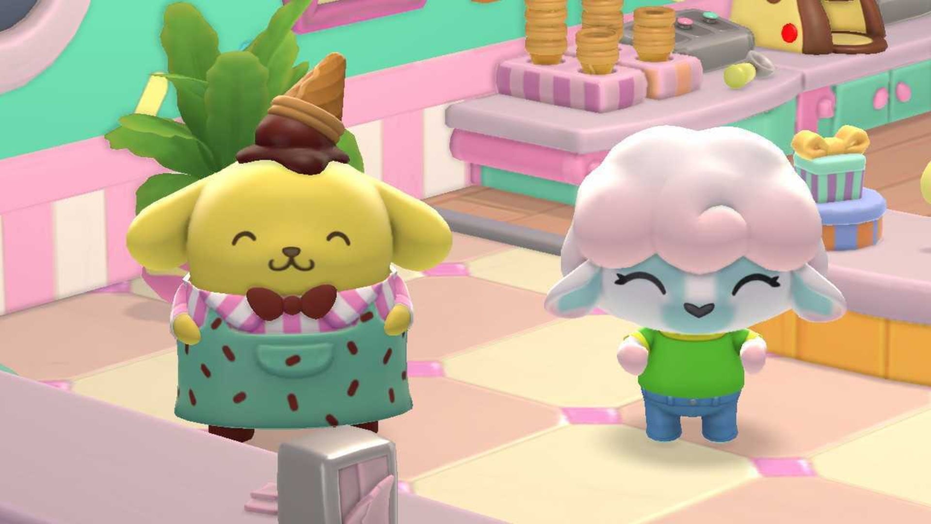 hello kitty island adventure character and pompompurin inside dessert boat