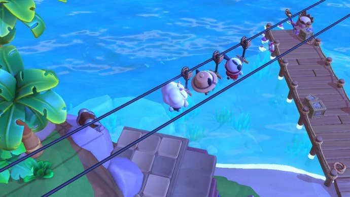 hello kitty island adventure character chococat and pochacco riding zipline in seaside resort