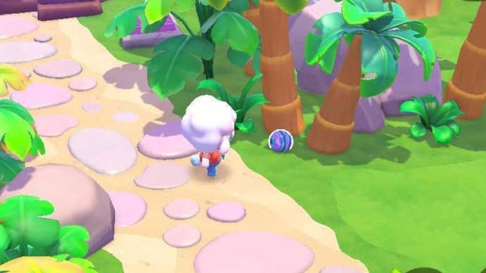 hello kitty island adventure character facing rubber on ground underneath tree