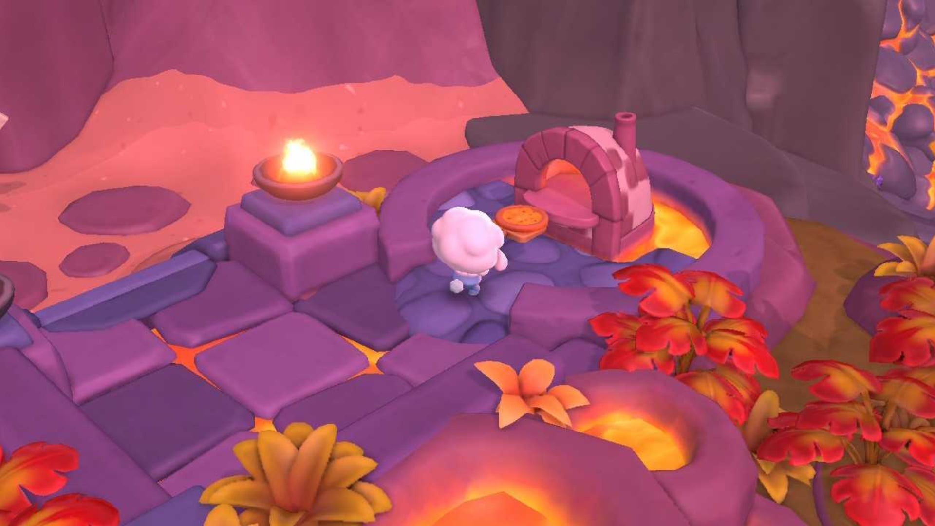 hello kitty island adventure character putting pizza in pizza oven