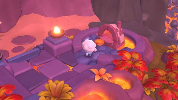 hello kitty island adventure character putting pizza in pizza oven