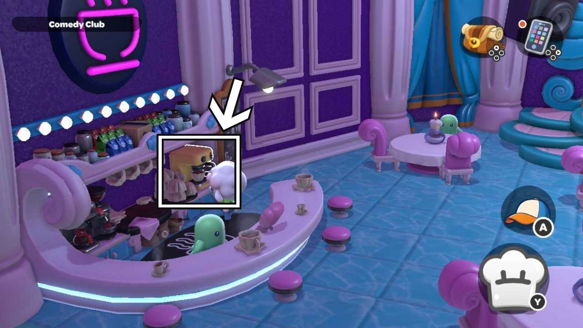 hello kitty island adventure comedy club espresso machine location