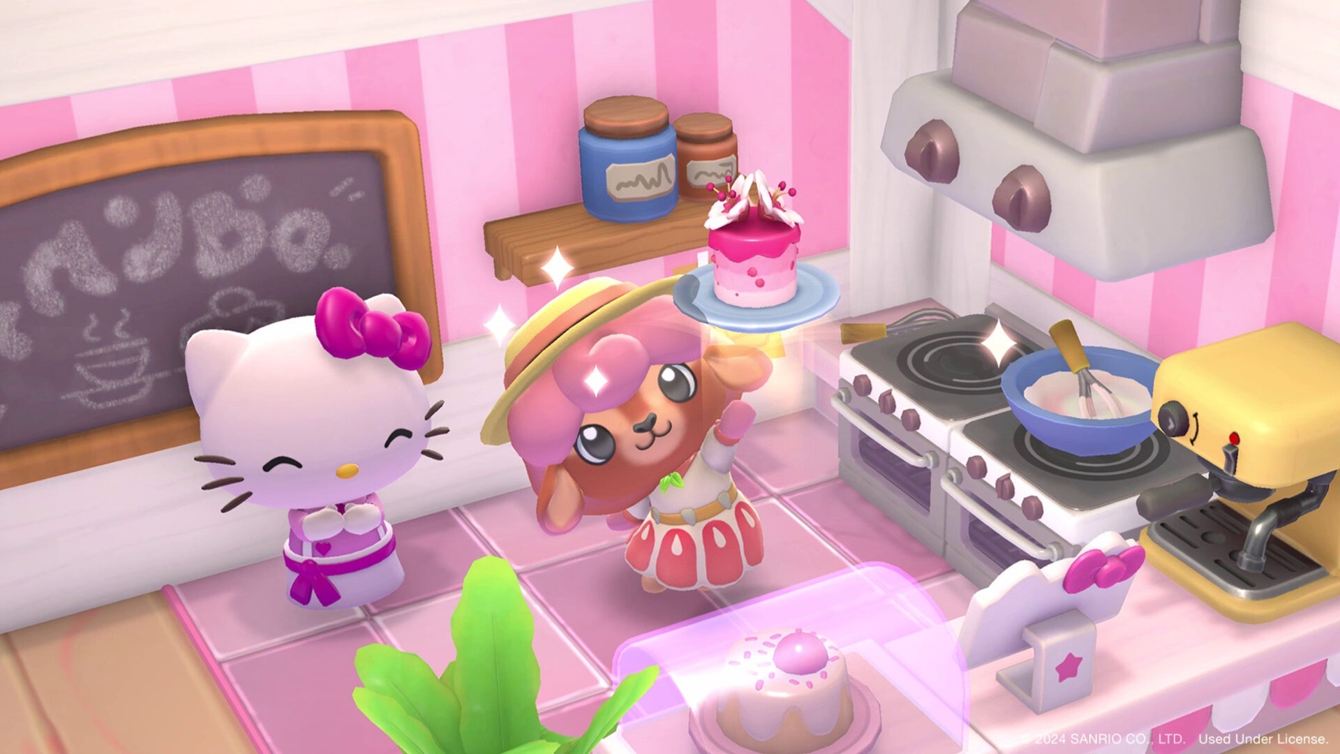 Hello Kitty and character cooking in cafe in Hello Kitty Island Adventure
