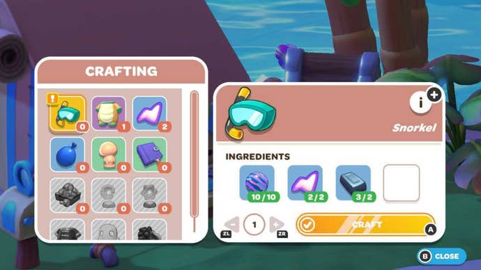 hello kitty island adventure crafting menu for making snorkel