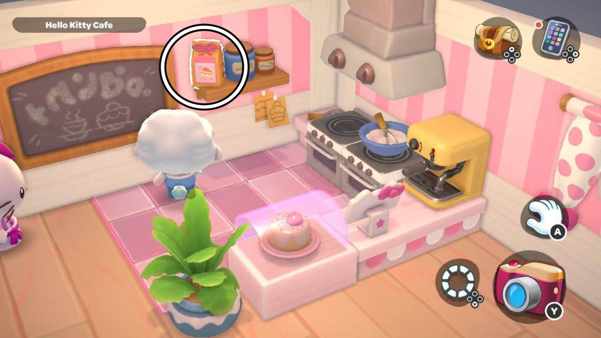 hello kitty island adventure flour on shelf in hello kitty cafe