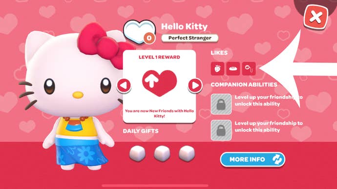Arrow pointing at a menu screen showing a character's likes for presents in the mobile game Hello Kitty Island Adventure.